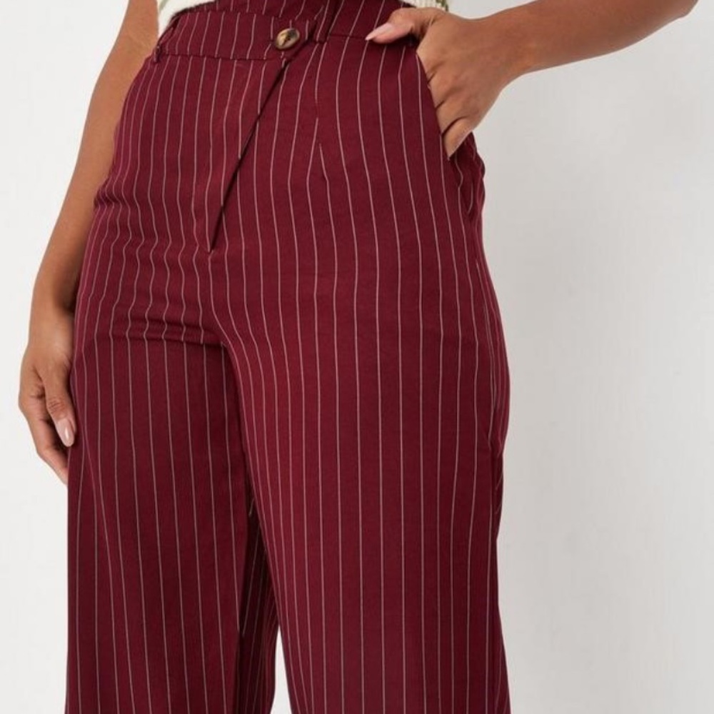 Missguided Wine Pinstripe Wide Leg Pants - Picture 2 of 7